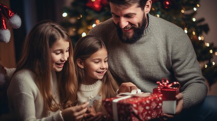 happy family gifting presents during christmas and the new year holidays at home