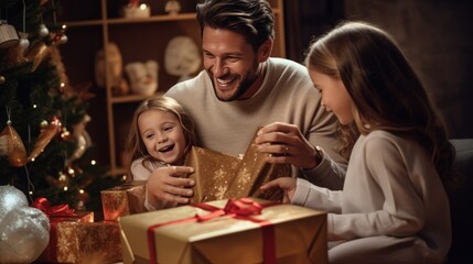 happy family gifting presents during christmas and the new year holidays at home