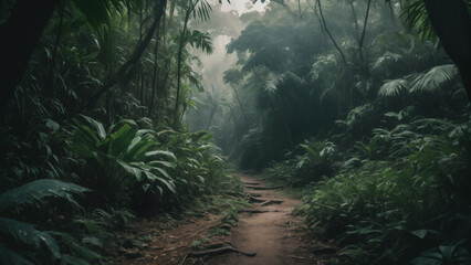 rain forest in the morning , dark foggy forest road ,  - obrazy, fototapety, plakaty