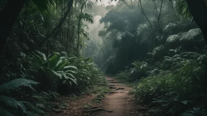 Foto op Canvas rain forest in the morning , dark foggy forest road ,  © Ozgurluk Design