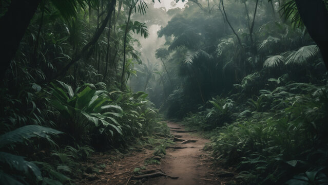 Fototapeta rain forest in the morning , dark foggy forest road , 