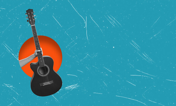 Contemporary acoustic guitar art collage. Concept of music, creativity, inspiration, imagination, advertising.