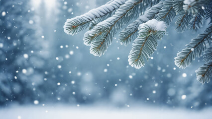 christmas tree branches in a snow , nature photography