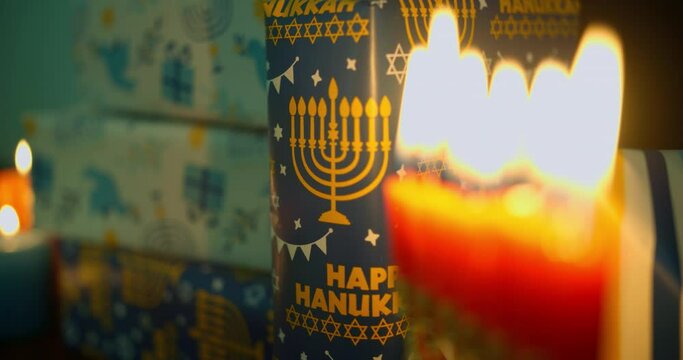 Hanukkah Table Set Decoration in the dark with Menorah and wraped up gifts