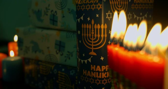Hanukkah food and decorations in dim light