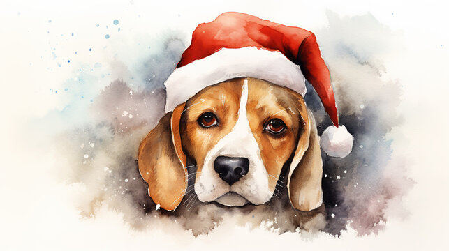 Watercolor painting of beagle dog wearing Santa hat for christmas festival.