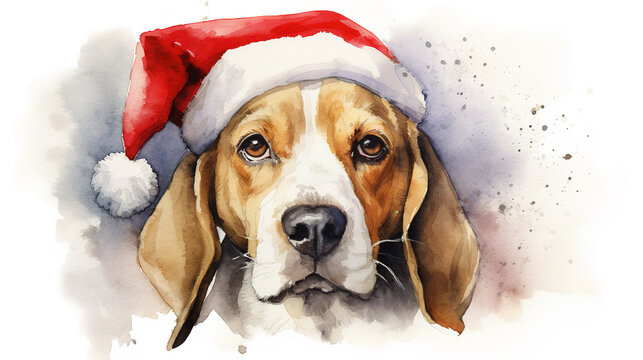 Watercolor painting of beagle dog wearing Santa hat for christmas festival.