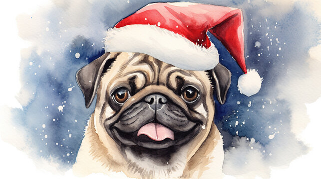 Watercolor painting of happy pug dog wearing Santa hat for christmas festival.