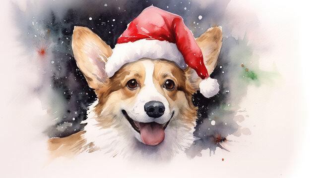 Watercolor painting of happy corgi dog wearing Santa hat for christmas festival.