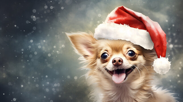 Watercolor painting of happy chihuahua dog wearing Santa hat for christmas festival.