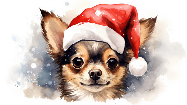Watercolor painting of happy chihuahua dog wearing Santa hat for christmas festival.