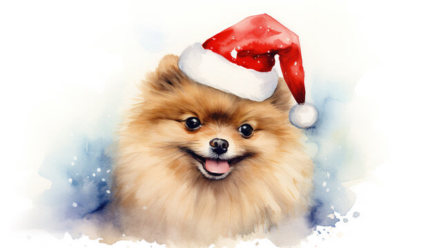 Watercolor painting of happy pomeranian dog wearing Santa hat for christmas festival.