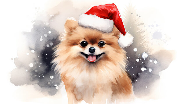 Watercolor painting of happy pomeranian dog wearing Santa hat for christmas festival.
