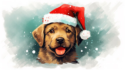 Happy labrador retriever dog or puppy wearing Santa hat for christmas festival. Mixed grunge colorful pop art style illustration.