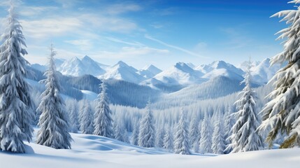 Fototapeta premium Winter wonderland with frosted spruce trees, intricate ice formations, and a snow-covered mountain range. Clear blue sky with fluffy white clouds adds to the serene beauty