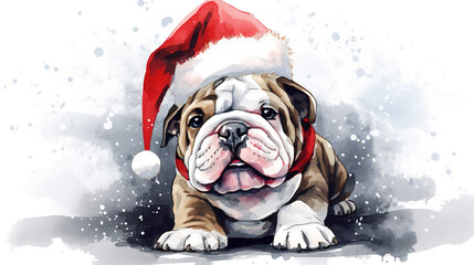 Happy bulldog dog or puppy wearing Santa hat for christmas festival. Mixed grunge colorful pop art style illustration.