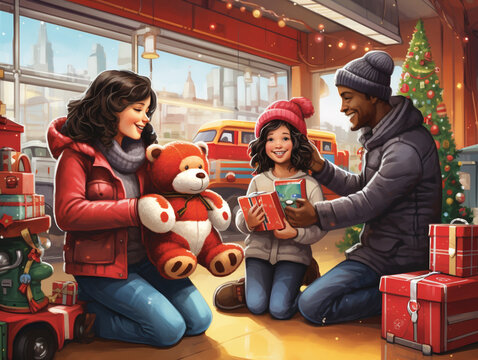 An Illustration Of A Family Donating Toys To A Children's Hospital For The Holidays