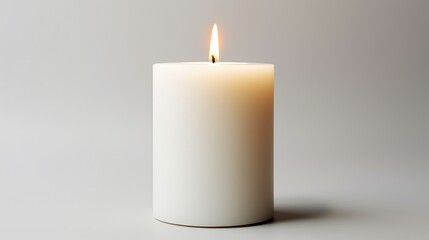 Fototapeta na wymiar A sharp-focused, hyper-realistic stock photo of a flawless white pillar candle on a clean surface. Its smooth exterior holds a small flickering flame, casting a gentle and tranquil glow