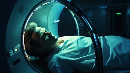 man lies in the MRI machine in room