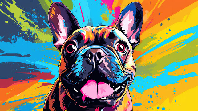 Illustration of French Bulldog dog in abstract mixed grunge colorful pop art style.