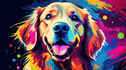 Gordijnen Illustration of Golden Retriever dog in abstract mixed grunge colorful pop art style. © Tepsarit