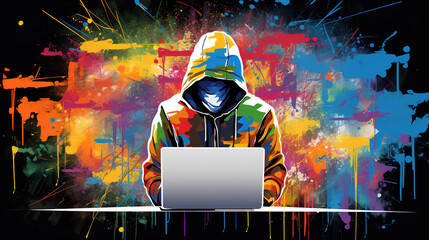 Illustration of hacker working on laptop. abstract mixed grunge colorful pop art style. - obrazy, fototapety, plakaty