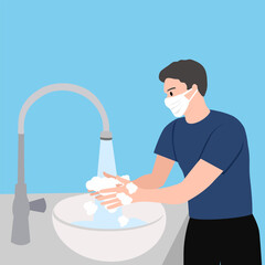 A man wearing medical mask and washing his hands in the sink concept vector illustration. Washing hands under faucet with soap and water. Coronavirus and bacteria prevention healthcare.