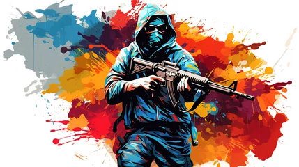 Fotobehang Illustration of terrorist with gun. abstract mixed grunge colorful pop art style. © Tepsarit