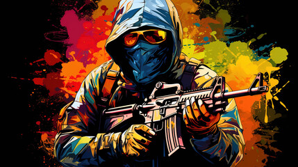 Illustration of terrorist with gun. abstract mixed grunge colorful pop art style.