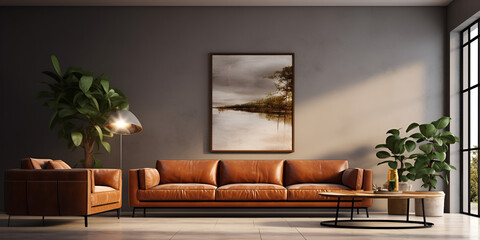 modern interior, An interior design concept for a living room includes a mockup poster frame a brown sofa, Leather Sofa In An Unfinished Room, Living room s interior, generative ai