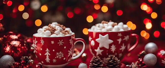 Fototapeta na wymiar red cup of hot cocoa with christmas decorations and ornaments