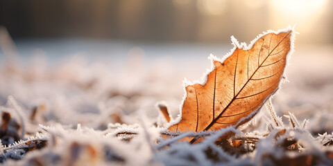 Fall Winter, Autumn Leaves And Frosty Surface, Closeup of frosted leaves, Dry Autumn Leaves Piles And Falling On The Ground, Frost Covered Leaves, generative Ai