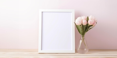 Fototapeta na wymiar Photo frame and tulip flowers with minimal concept