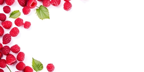 Realistic raspberries and leaves on white isolated background with top view concept