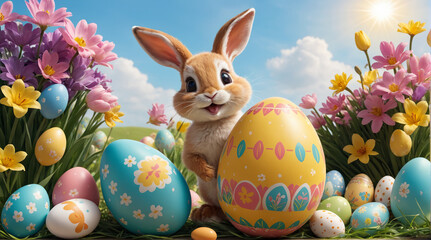 happy easter holiday,cute easter bunny with color full eggs,easter egg bunny,ai generative