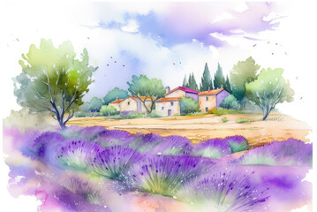 Aerial shot of lavender field over blue cloudy sky - watercolor art