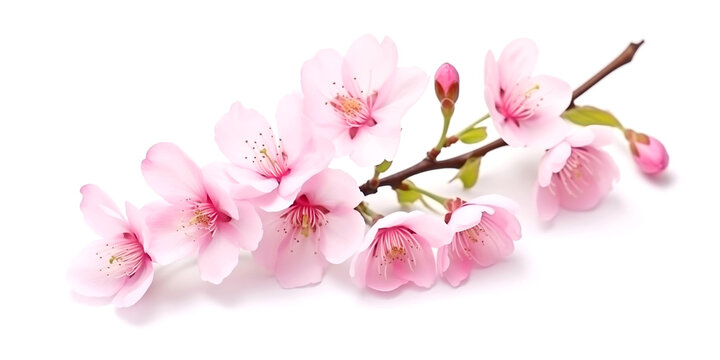 Branch of pink blooming sakura flowers on white background