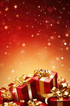 New Year banner with Christmas gift boxes , ribbons,  decorations. Christmas red background. Xmas design. Generative ai