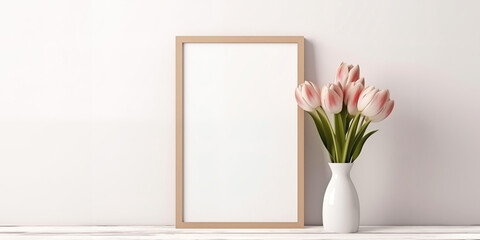 Photo frame and tulip flowers with minimal concept