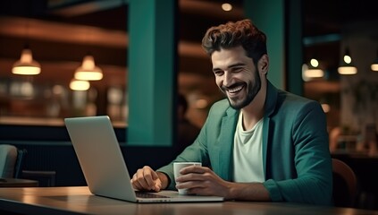 Handsome man engrossed in work at a wooden table in a coffee shop. Laptop screen shows sharp, photorealistic details. Teal and orange tones create a captivating, joyful atmosphere