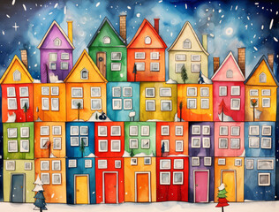 Townhouses in Christmas watercolor style