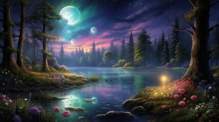 Mystical landscape with large moon, vibrant skies, and reflective waters. Dreamlike nature concept.