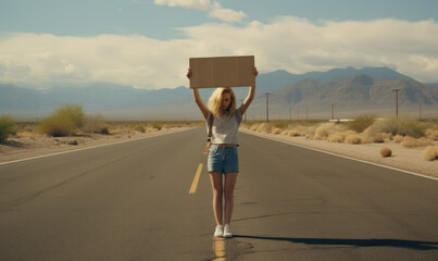 autostoppeuse en tenue sexy qui marche sur la route avec une pancarte en carton vierge