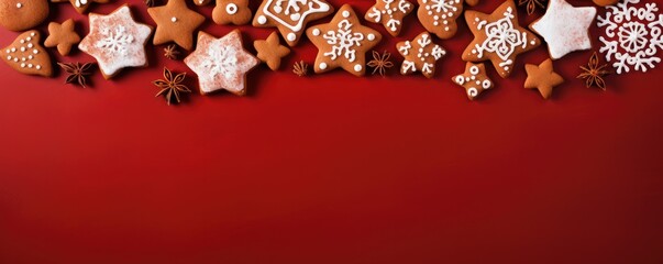 Christmas homemade gingerbread cookies on red christmas backround. Copy space. Generative ai