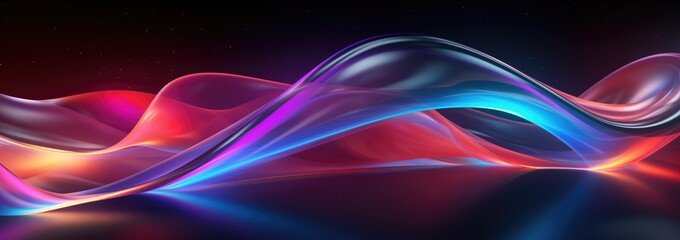 Vibrant abstract background with colorful curves, luminous 3D objects, and light streams on a dark backdrop. Blue sky and yellow hues add visual impact. Electric color scheme with light magenta and d