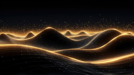 Futuristic golden waves flow through a vibrant spacescape, creating mesmerizing light patterns and shimmering reflections. This abstract digital art showcases the beauty of motion, energy