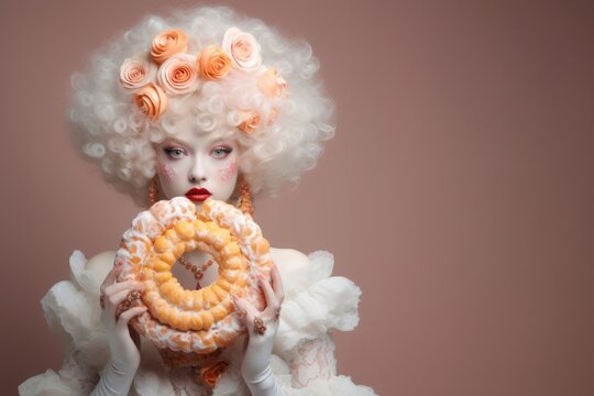 Portrait of a beautiful young woman in a white wig with a donut in her hand.