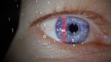 Eye scan for biometrics as digital ID, animation of binary code from scanning of blue iris