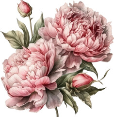 Peony pink flowers watercolor isolated on white background. Set of beautiful flower for wedding and invitation illustration