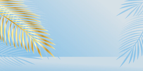 Fototapeta na wymiar Light blue background with golden palm leaf and leaves shadow for product presentation